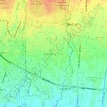 Topografisk kort Sendang Tirto, højde, terræn