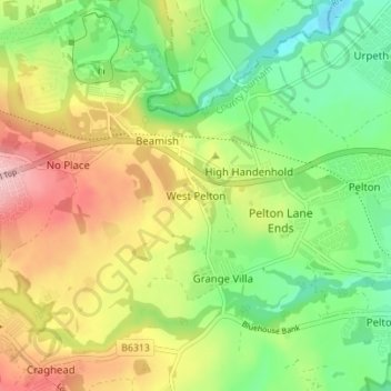 Topografisk kort West Pelton, højde, terræn