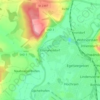 Topografisk kort Ettmannsdorf, højde, terræn