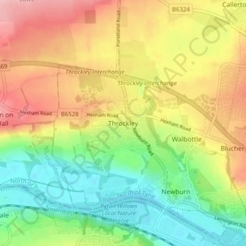 Topografisk kort Throckley, højde, terræn