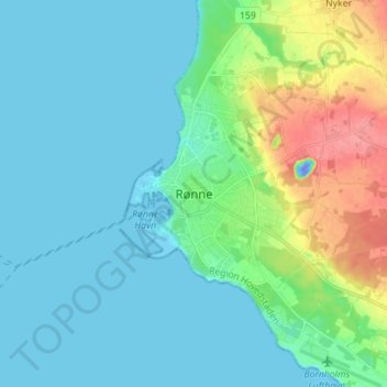 Topografisk kort Rønne, højde, terræn