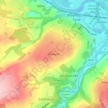 Topografisk kort Winlaton, højde, terræn