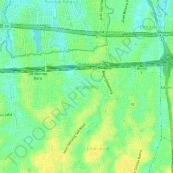 Topografisk kort Jatibening, højde, terræn