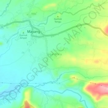 Topografisk kort Tegal Waru, højde, terræn