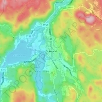 Topografisk kort Birkeland, højde, terræn