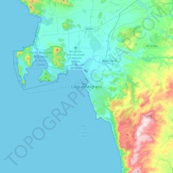 Topografisk kort Alghero, højde, terræn