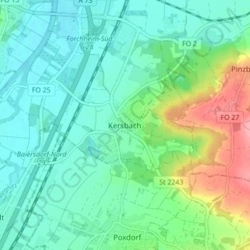 Topografisk kort Kersbach, højde, terræn