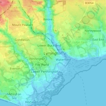 Topografisk kort Lymington, højde, terræn