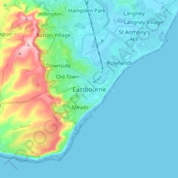 Topografisk kort Eastbourne, højde, terræn