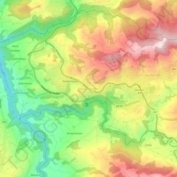 Topografisk kort Niederteufen, højde, terræn