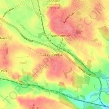 Topografisk kort South Anston, højde, terræn