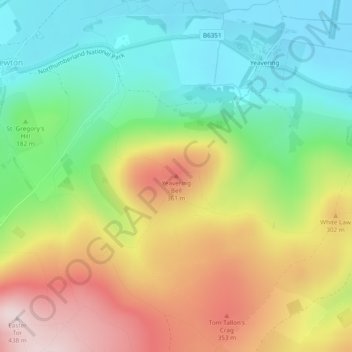 Topografisk kort Yeavering Bell, højde, terræn
