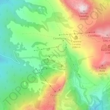 Topografisk kort Passo Rolle, højde, terræn