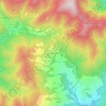 Topografisk kort Val della Meta, højde, terræn