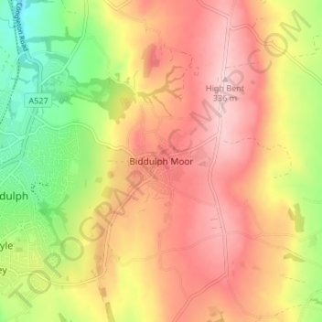 Topografisk kort Biddulph Moor, højde, terræn