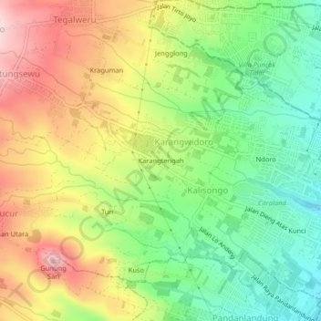 Topografisk kort Karangtengah, højde, terræn