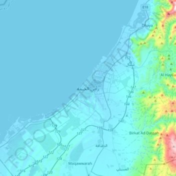 Topografisk kort Ras Al Khaimah, højde, terræn