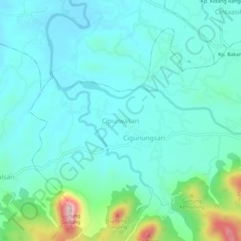 Topografisk kort Cipurwasari, højde, terræn