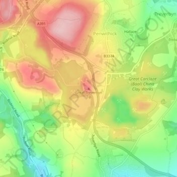 Topografisk kort Great Treverbyn Tip, højde, terræn