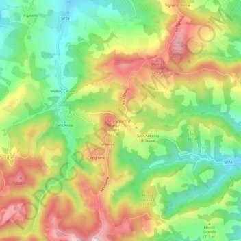 Topografisk kort Mongardino, højde, terræn