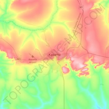 Topografisk kort Kasama, højde, terræn