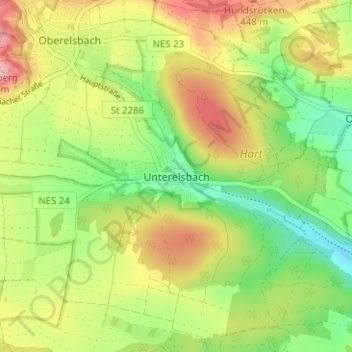 Topografisk kort Unterelsbach, højde, terræn