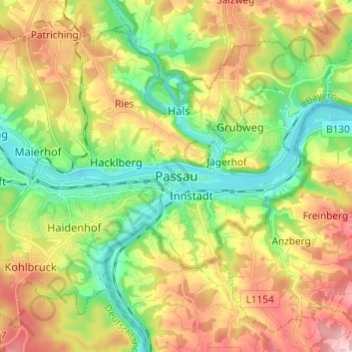 Topografisk kort Passau, højde, terræn