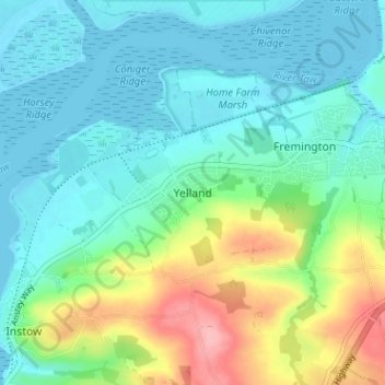 Topografisk kort Yelland, højde, terræn