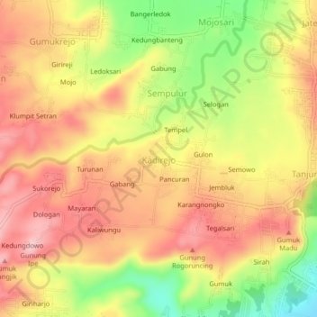 Topografisk kort Kadirejo, højde, terræn