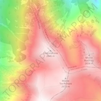 Topografisk kort Pescofalcone, højde, terræn