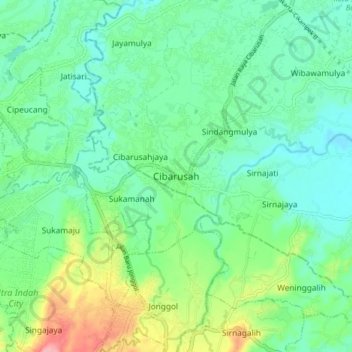 Topografisk kort Cibarusah, højde, terræn