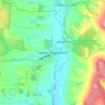 Topografisk kort Newton Poppleford, højde, terræn