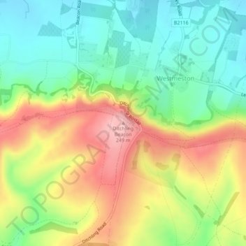 Topografisk kort Ditchling Beacon, højde, terræn