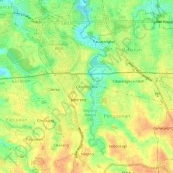 Topografisk kort Cibarengkok, højde, terræn