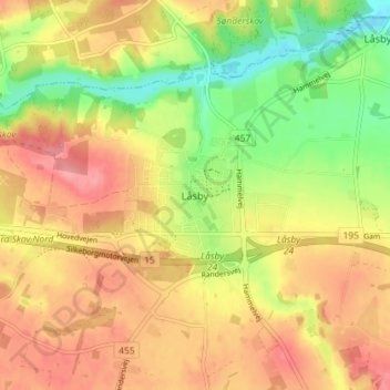 Topografisk kort Låsby, højde, terræn