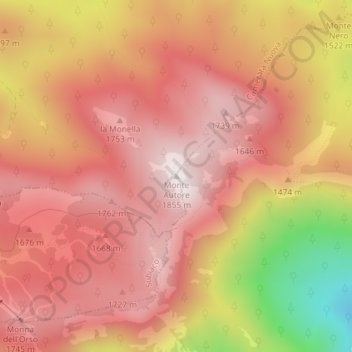 Topografisk kort Monte Autore, højde, terræn