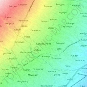 Topografisk kort Karanganom, højde, terræn