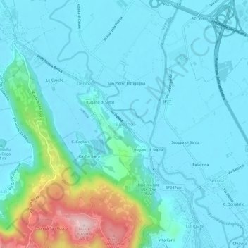 Topografisk kort Bugano, højde, terræn