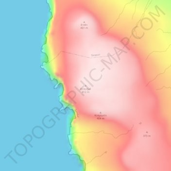 Topografisk kort Eiriksfjall, højde, terræn
