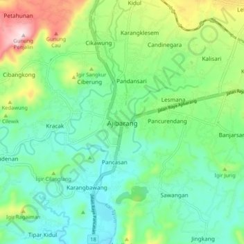 Topografisk kort Ajibarang, højde, terræn