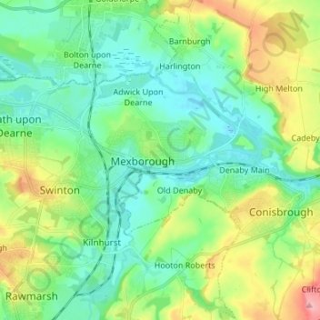 Topografisk kort Mexborough, højde, terræn