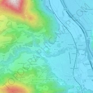 Topografisk kort Agg, højde, terræn