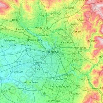 Topografisk kort Manchester, højde, terræn