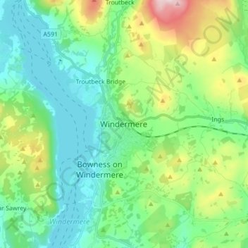 Topografisk kort Windermere, højde, terræn