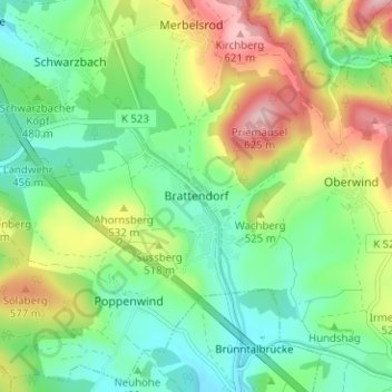 Topografisk kort Brattendorf, højde, terræn
