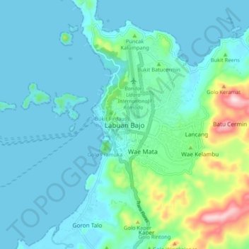 Topografisk kort Labuan Bajo, højde, terræn