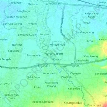 Topografisk kort Warungasem, højde, terræn