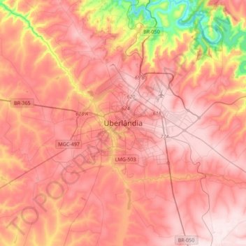 Topografisk kort Uberlândia, højde, terræn