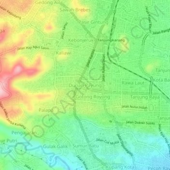 Topografisk kort Durian Payung, højde, terræn