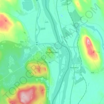 Topografisk kort Övertorneå, højde, terræn